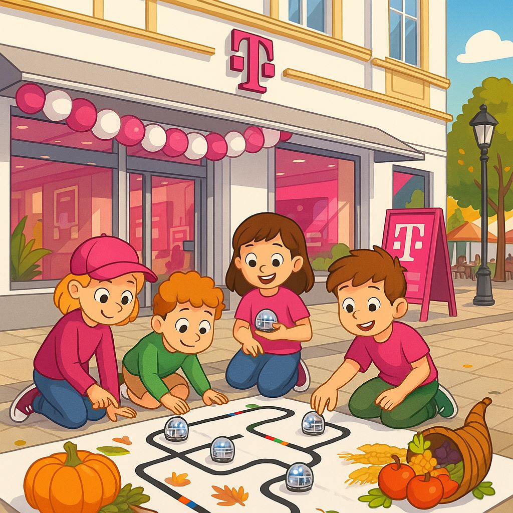 4 lachende Kinder die vor einem Telekom Shop Roboter durch einen Parcours steuern.